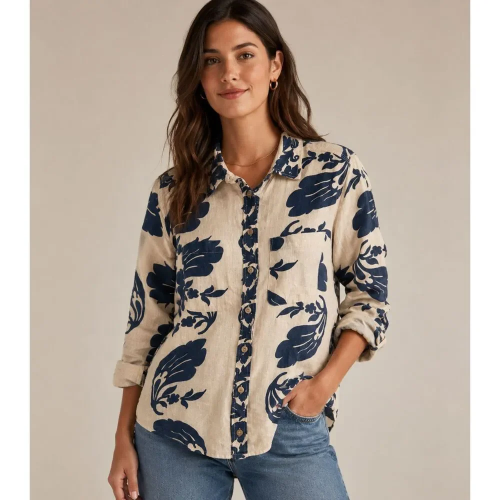 Soft Surroundings Linen Blend Floral Hawaiian Shirt Beige Navy Women L